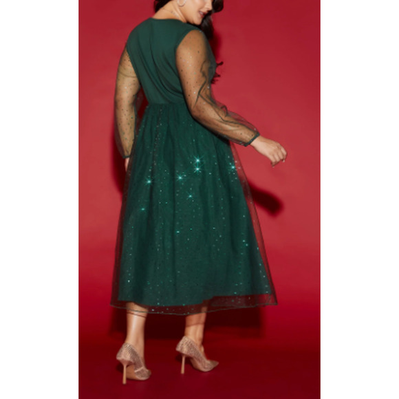 BloomChic Green Midi Dress with Sheer Sleeves - Picture 2 of 12